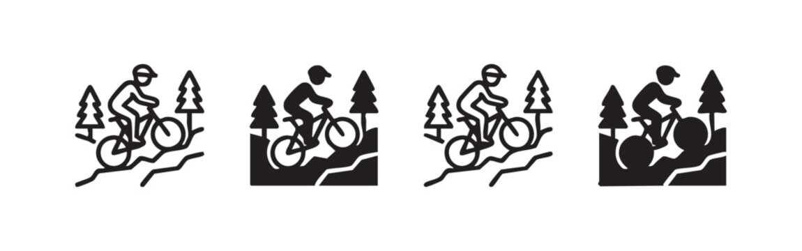 Mountain Biking and Outdoor Adventure Icons with Cyclist in Nature