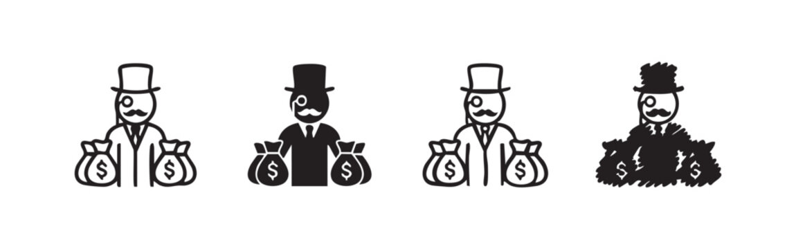 Rich Businessman with Money Bags Icons Character Design for Wealth and Capital