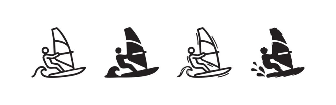 Windsurfing Water Sport Icons with Person Sailing on Ocean Waves
