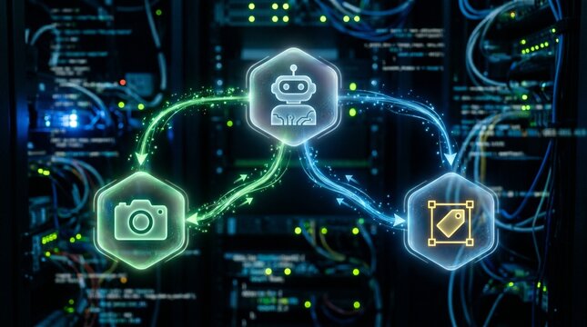 Digital automation and artificial intelligence connecting virtual processes with tangible results in a modern data center environment