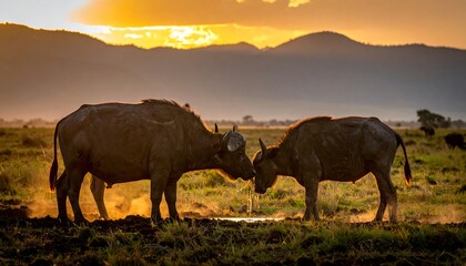 Obraz premium African buffaloes face off at sunset