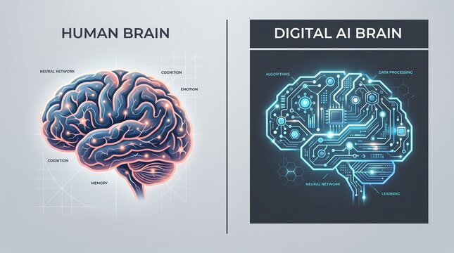 "Human Brain vs Digital AI Brain Diagram"