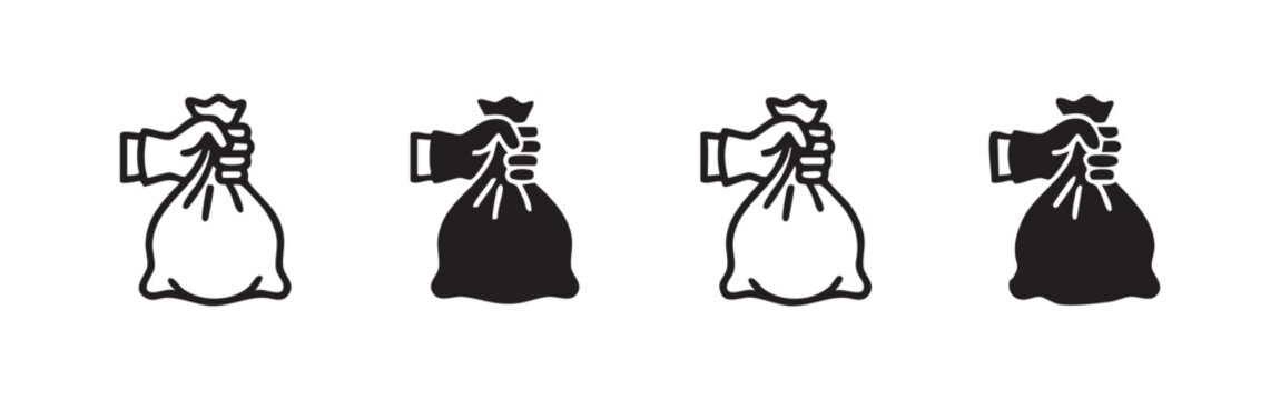 Set of hand holding trash bag icons
