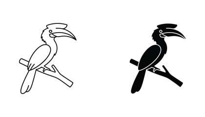 Exotic hornbill bird perched on branch silhouette and line art icon set for wildlife branding © Oasis