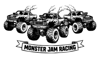 Monster truck black and white vector illustration off road 4x4 engine set © Nirob