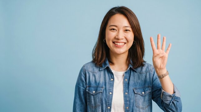 Happy asian woman showing four fingers up