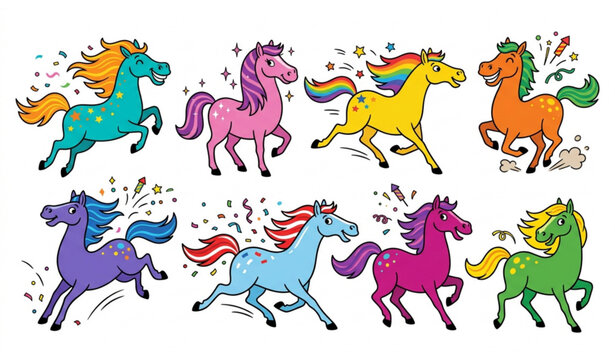 Colorful running wild horses vector illustration set with quirky hand drawn style cute animal characters isolated on white background
