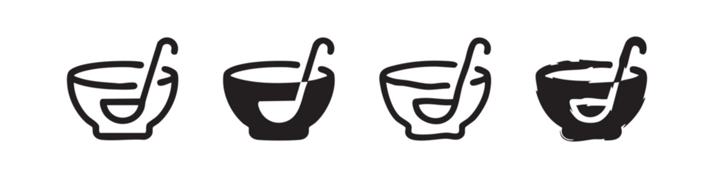 Set of four soup ladle icons in different styles