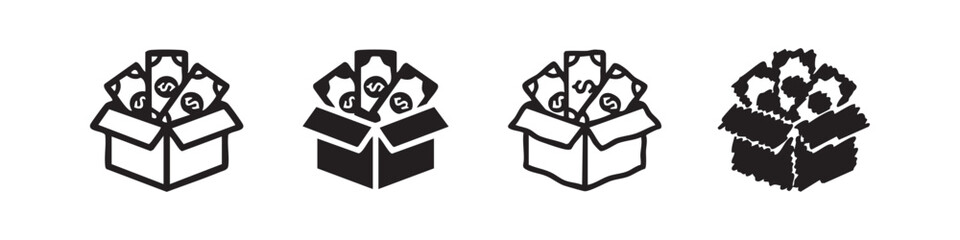 Fototapeta premium Four hand-drawn money box icons, with variations in fill and outline