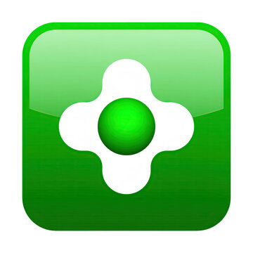 Green glossy icon with a white clover-like shape and a central green sphere