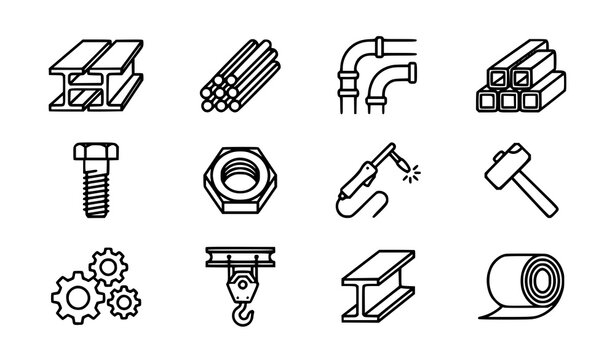 Steel Industry Thin Line Icon Set Vector Illustration with Metal Bars Pipes Bolts and Manufacturing Elements