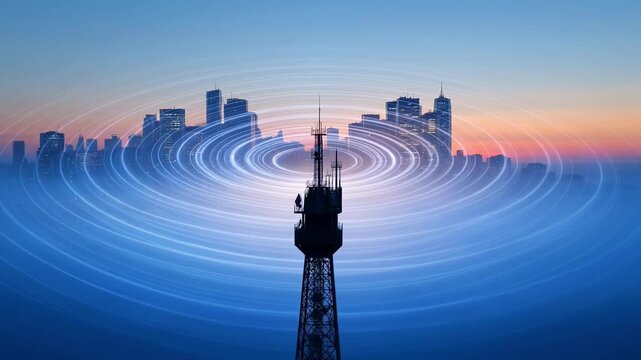 5G network tower silhouette radiating energy over city skyline