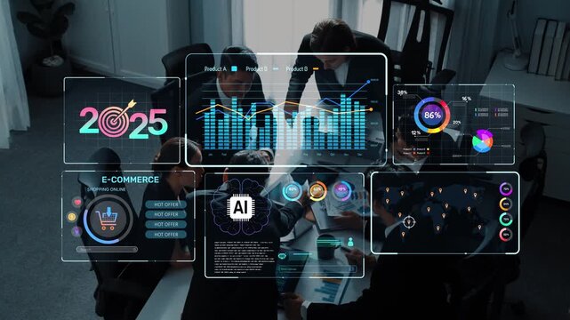 A modern business meeting features a team collaborating on data analytics and AI insights to strategize for e-commerce growth in 2025, showcasing advanced technology. Raster