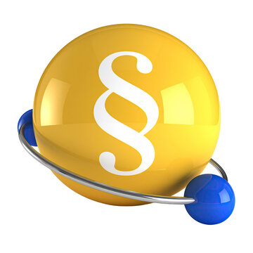 Yellow Sphere with Paragraph Symbol and Blue Orbiting Balls