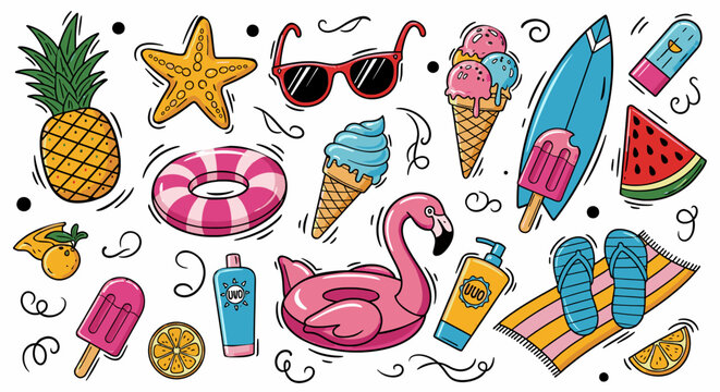 Colorful Summer Vacation Icons Featuring Pineapple, Ice Cream, Flamingo Float, and Surfboard