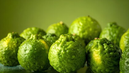 Fototapeta premium fresh kaffir lime fruits with water drops on a green background.