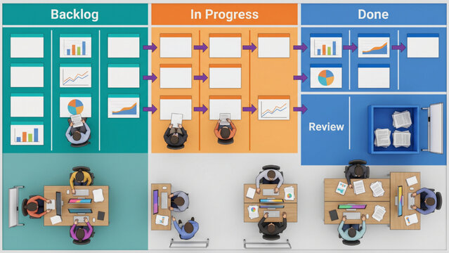Top-Down Agile Project Management System with Sprint Planning, Backlog Management, Testing and Deployment Workflow &ndash; Human Activity Vector Set Illustration