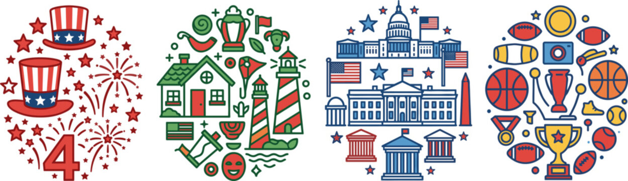 Colorful USA American Culture Circle Badge Collection Set with Fourth of July Home Capitol Building and Sport Icons for Patriotic Design