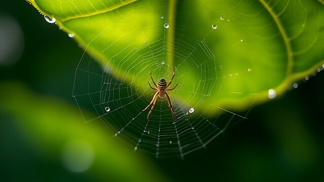 unobserved. A spider weaving a delicate web on a large green leaf with morning dew. wildlife magazines, conservation campaigns, designed for wildlife conservation campaigns, used by product managers.