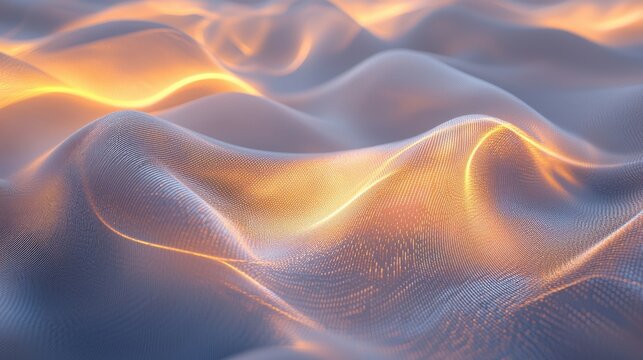 Laser beam modulation interference patterns flowing waves digital mesh technology abstract visualization golden amber blue gradient undulating surface