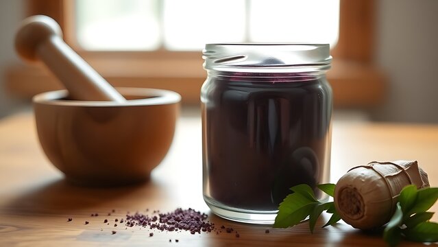 comfrey. A glass jar of purple comfrey root powder with mortar and pestle on a wooden table. gardening catalogs, home-decor guides, designed for gardening and botanical catalogs, used by clinicians.