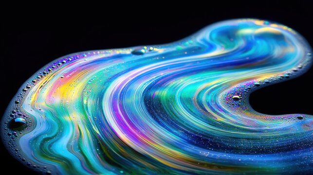 Optical fringe patterns in soap bubble film showing iridescent interference colors with brilliant blues greens yellows purples flowing across curved membrane surface