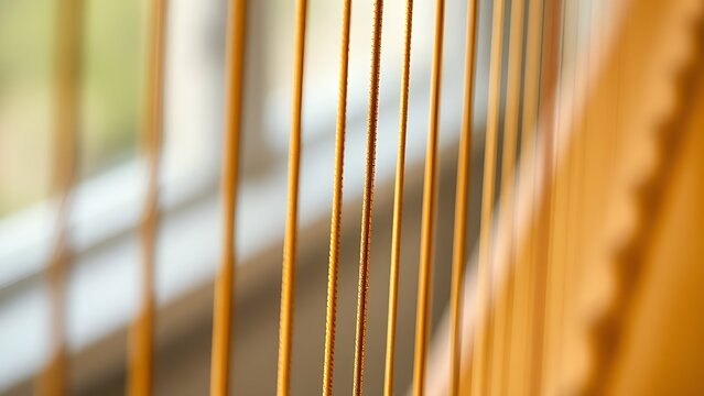 harp. Extreme close-up of golden harp strings with soft window light. event programs, museum guides, cultural reports, designed for cultural heritage projects and event programs, used by recruiters.