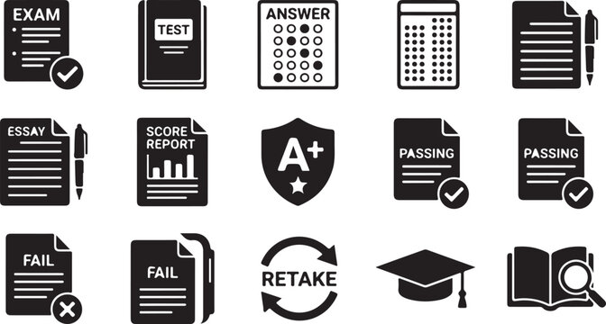 Educational assessment set showing exam test answer sheet scoring report grades and outcomes multiple choice