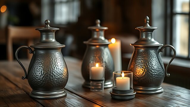 flagons. Three antique pewter flagons on a rustic wooden table illuminated by candlelight. bar promotions, beverage menus, designed for product packaging and bar promotions.