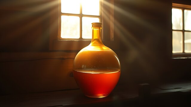 demijohn. Sunlight through a barn window illuminating a glass demijohn with amber liquid. bar promotions, beverage menus, designed for product packaging and bar promotions, used by brand managers.