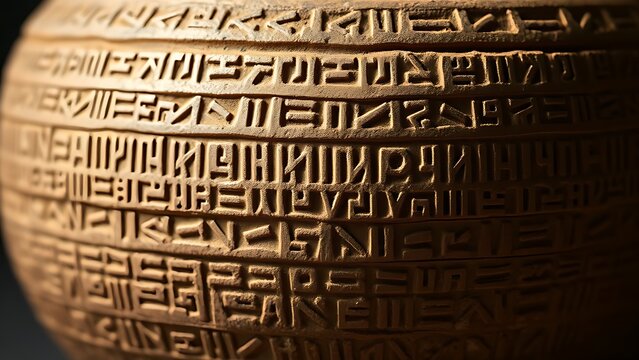flagon. Ancient ceramic pot with intricate cuneiform-like etched patterns. event programs, museum guides, designed for cultural heritage projects and event programs.