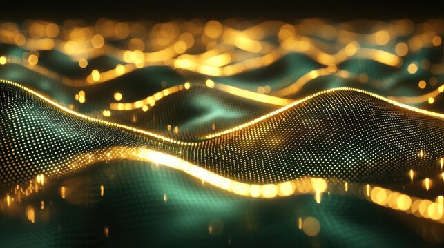 Laser beam modulation with golden teal particle waves creating flowing interference patterns and bokeh effects through digital mesh surfaces with ambient depth visualization