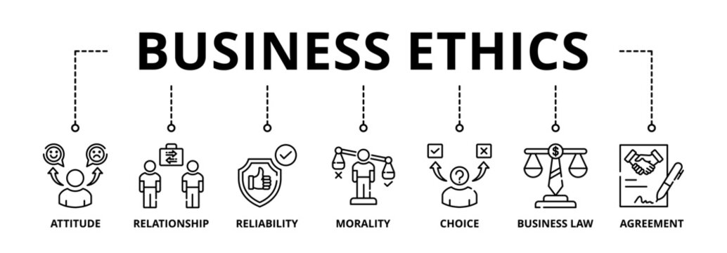 Business ethics banner web icon vector illustration concept with icon of attitude, relationship, reliability, morality, choice, business law and agreement 