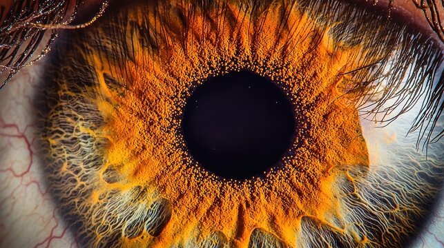 Iris color flecks close-up composition displaying vibrant amber golden brown specks with surrounding eyelash framing and corneal surface reflections