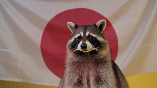 日本国旗の前で愛らしく座るタヌキの温かなスタジオポートレート