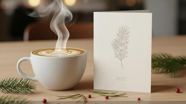 Steaming Hot Coffee and Christmas Card on a Wooden Table with Festive Decorations.