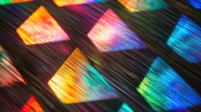 Light diffraction effects creating vibrant rainbow spectral dispersions through optical gratings with diagonal linear motion blur geometric patterns abstract design