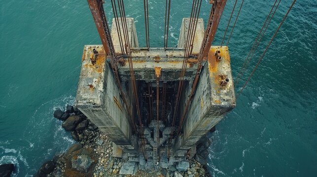 Historic American bridge cable anchorage structure aerial view concrete foundation weathered surfaces steel cables suspension system