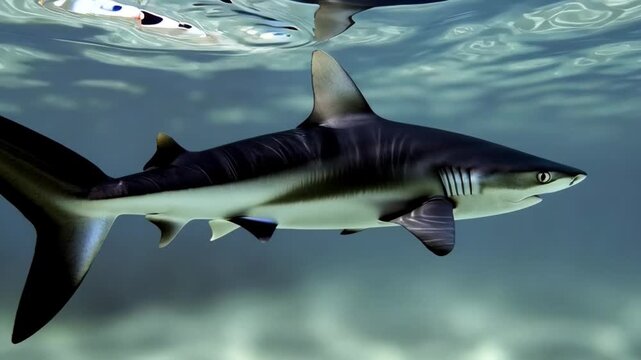 Tracking shot of shark swimming along shallow seabed in clear tropical ocean during daylight, slow motion lateral movement