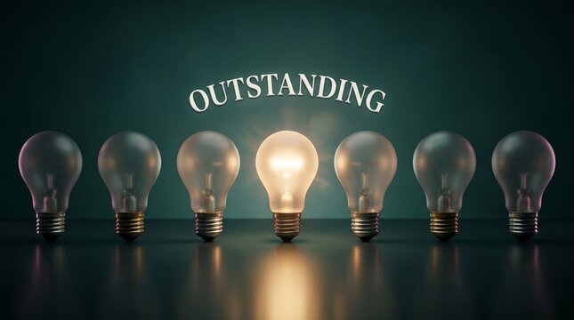 Illuminating Brilliance: A glowing light bulb shines brightly amidst a row of dimmed bulbs, with OUTSTANDING boldly displayed above, capturing a moment of exceptional idea.