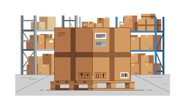 A large wooden pallet carrying a massive stack of brown shipping boxes is situated inside a brightly lit warehouse with industrial shelving units in the background.