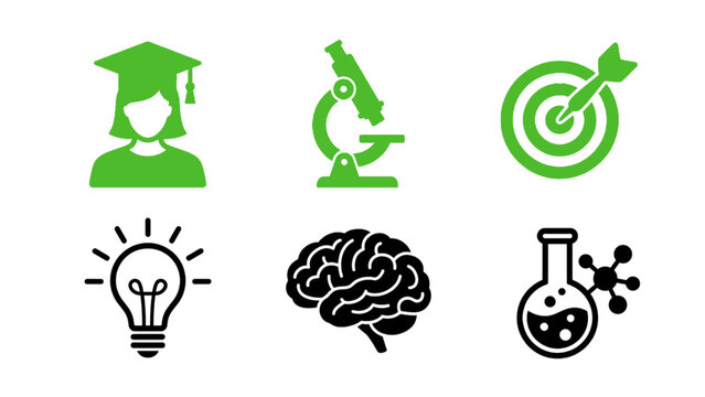 Set of student, science, and education icons featuring microscope, target, brain, and lab elements.