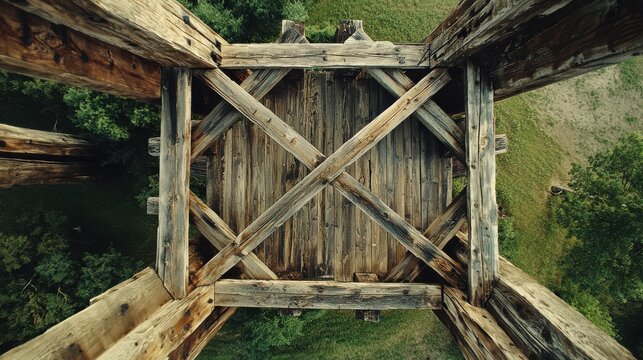 Historic wooden covered bridge buttress supports showing traditional American timber frame construction and weathered wood grain from aerial view