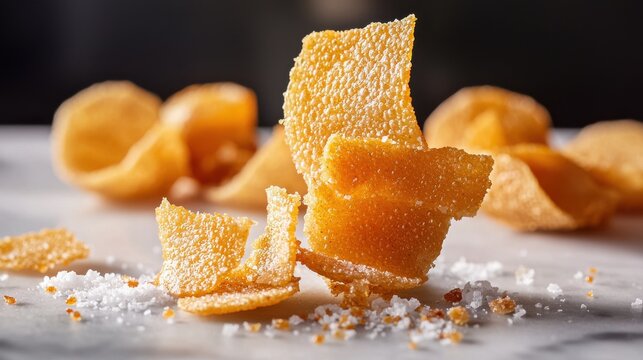 Premium golden chicharron crunchy pieces with sea salt crystals on marble surface, traditional Mexican restaurant appetizer with dramatic lighting