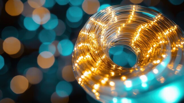 Fiber optic curves coiled bundle golden light trails circular spiral formation macro perspective turquoise bokeh background illuminated strands technology