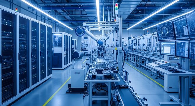 modern industrial manufacturing facility with robotic assembly line and server room