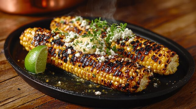 Charred corn on the cob with cotija cheese and microgreens on black cast iron plate, grilled Mexican elote with lime wedge, premium restaurant presentation