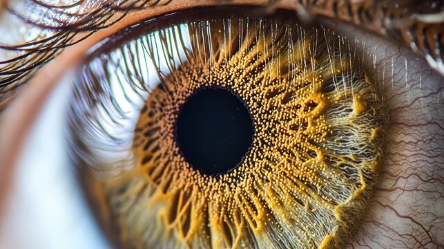 Pupil edge clarity extreme macro golden hazel human eye iris intricate radial pattern details corneal surface reflection eyelashes natural framing texture