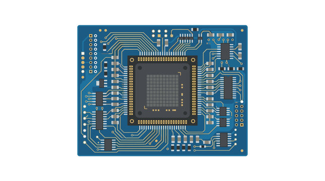An intricate computer motherboard circuit board featuring a central processor chip and complex copper wiring traces displayed in a top-down isometric view.