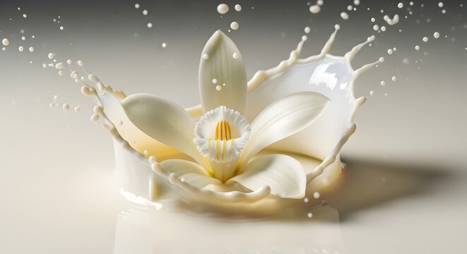 Vanilla flower in milk crown splash
Cream splash forming crown with orchid
Vanilla blossom emerging from milk
Elegant milk splash with vanilla flower
Dairy crown splash and floral center
Vanilla flavo